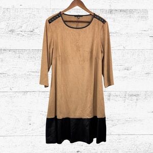 Tan and Black Two-Tone Shift Dress with Stud Shoulder Detail